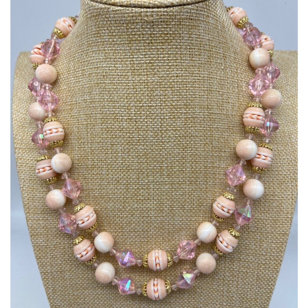 Vintage Necklace West Germany‎ Pink Bead Double Strand Multi Tone Unique Clasp